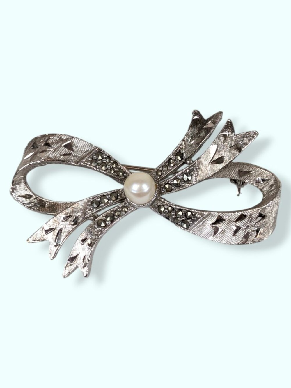 Vintage Faux Pearl & Marcasite Bow Brooch